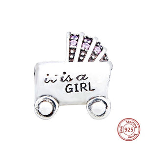SILVER "IT'S A GIRL" BABY CARRIAGE WITH CUBIC ZIRCONIA CRYSTALS ANESIDORA CHARM