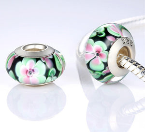 PINK AND GREEN FLOWERS MURANO GLASS ANESIDORA CHARM